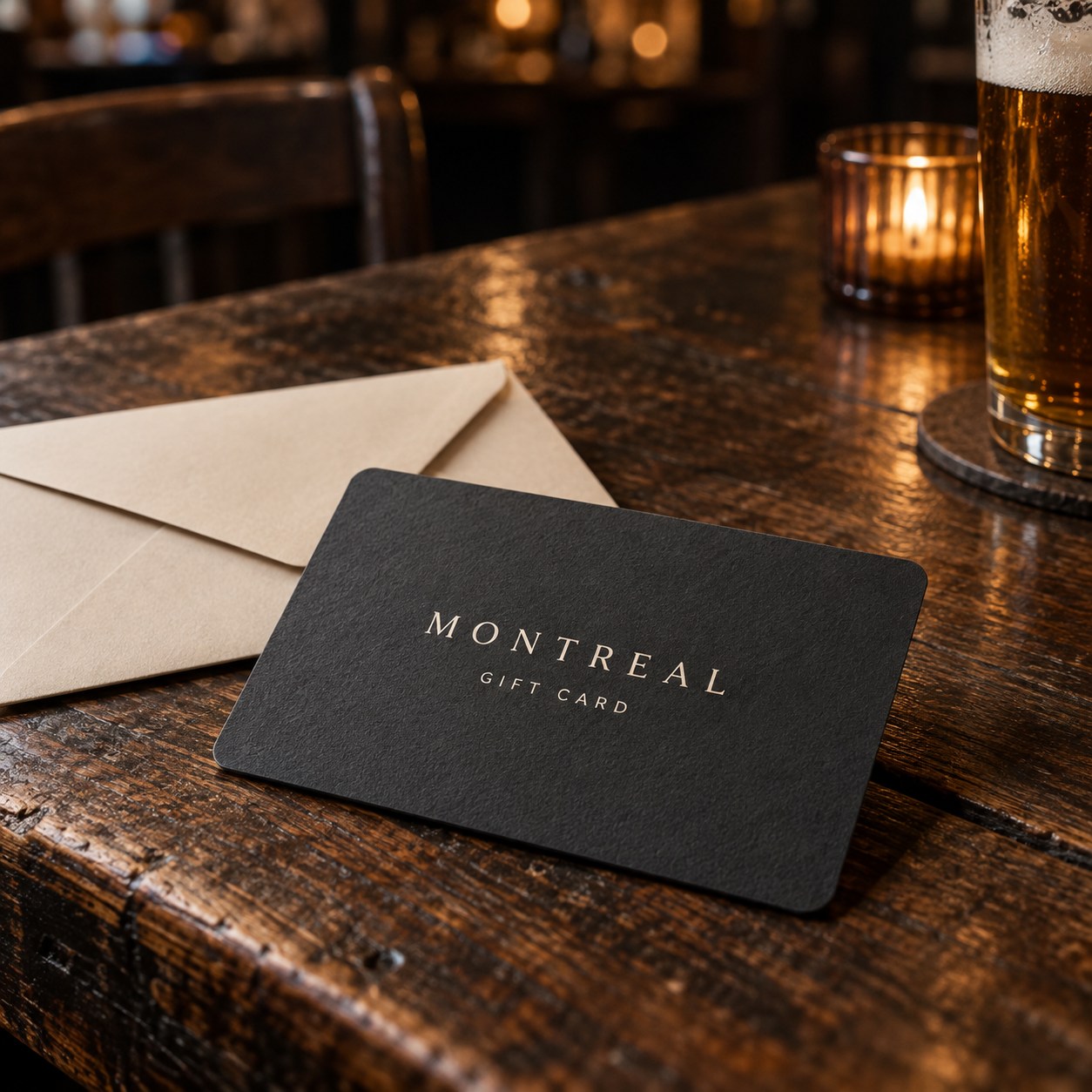 Montreal gift card with an envelope on a wooden table