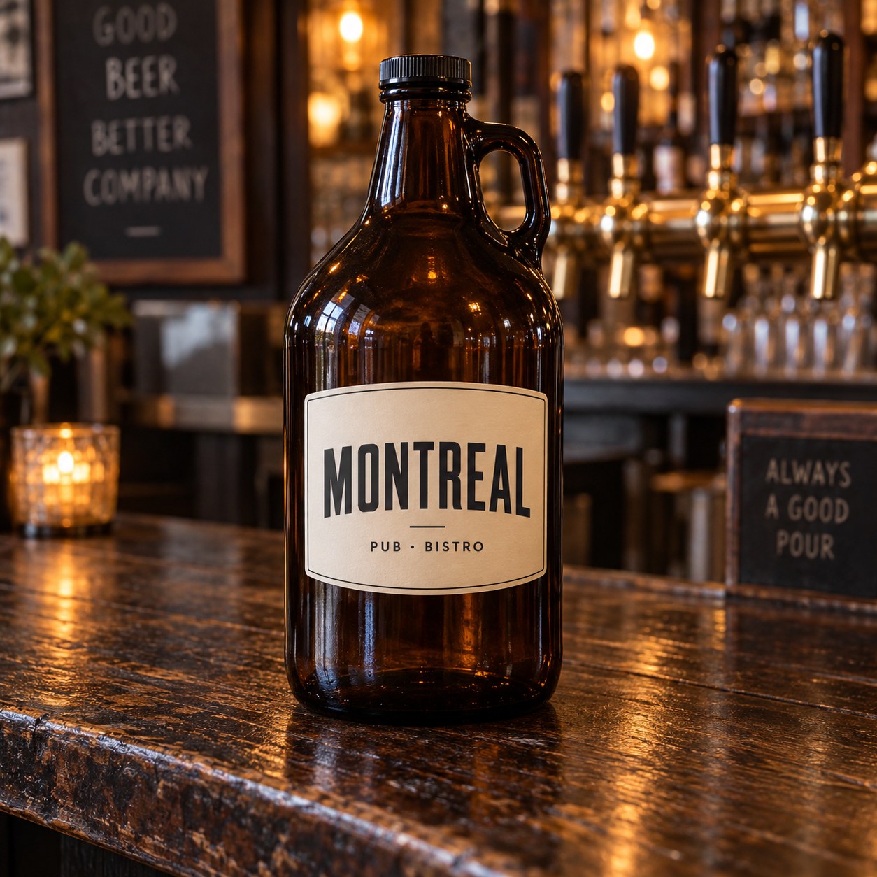 Amber Montreal beer growler on a rustic bar