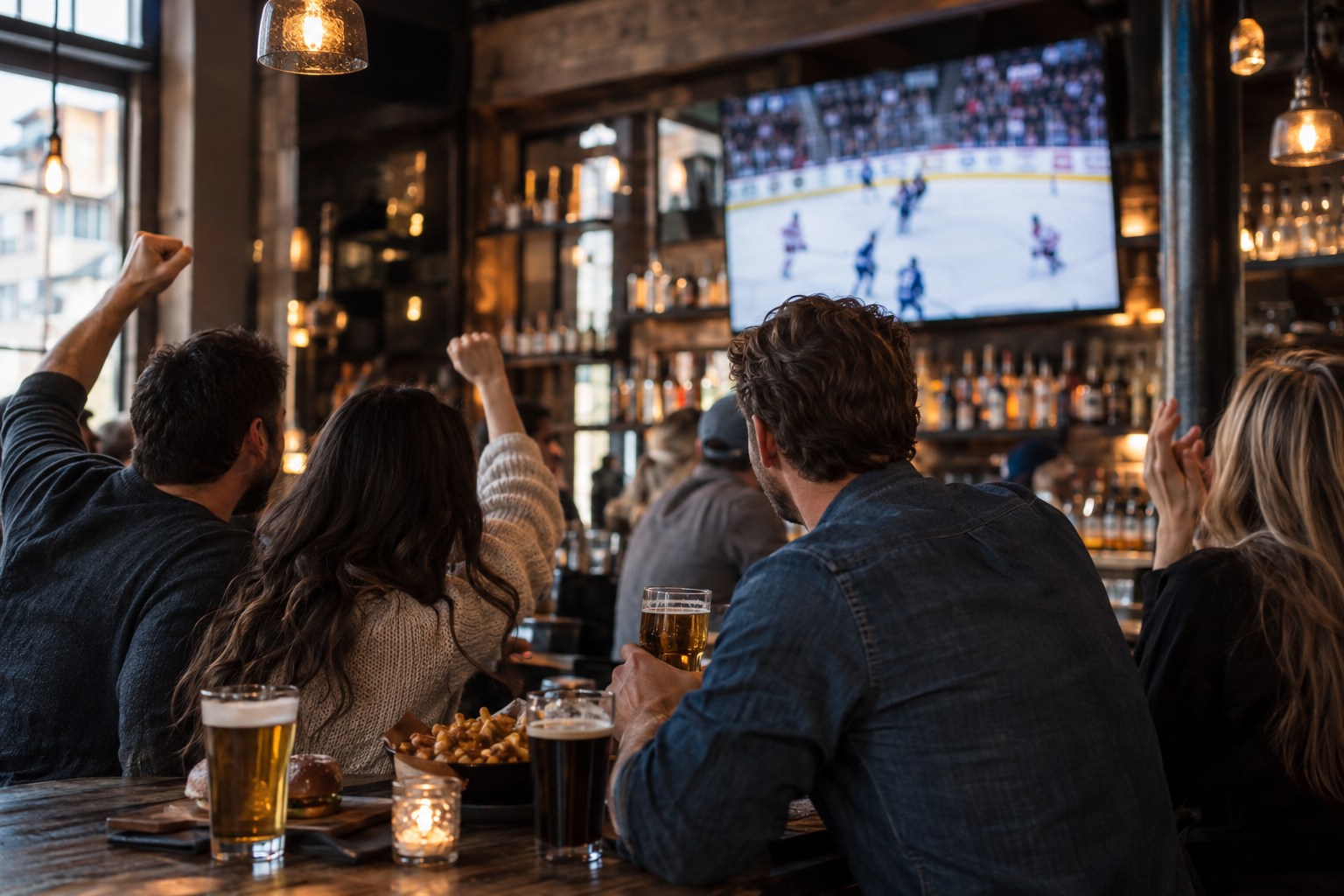 Friends watching hockey in a warm pub