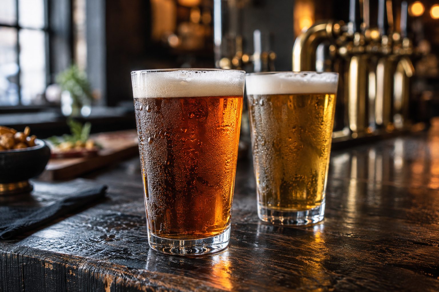 Two fresh pints on a rustic pub bar