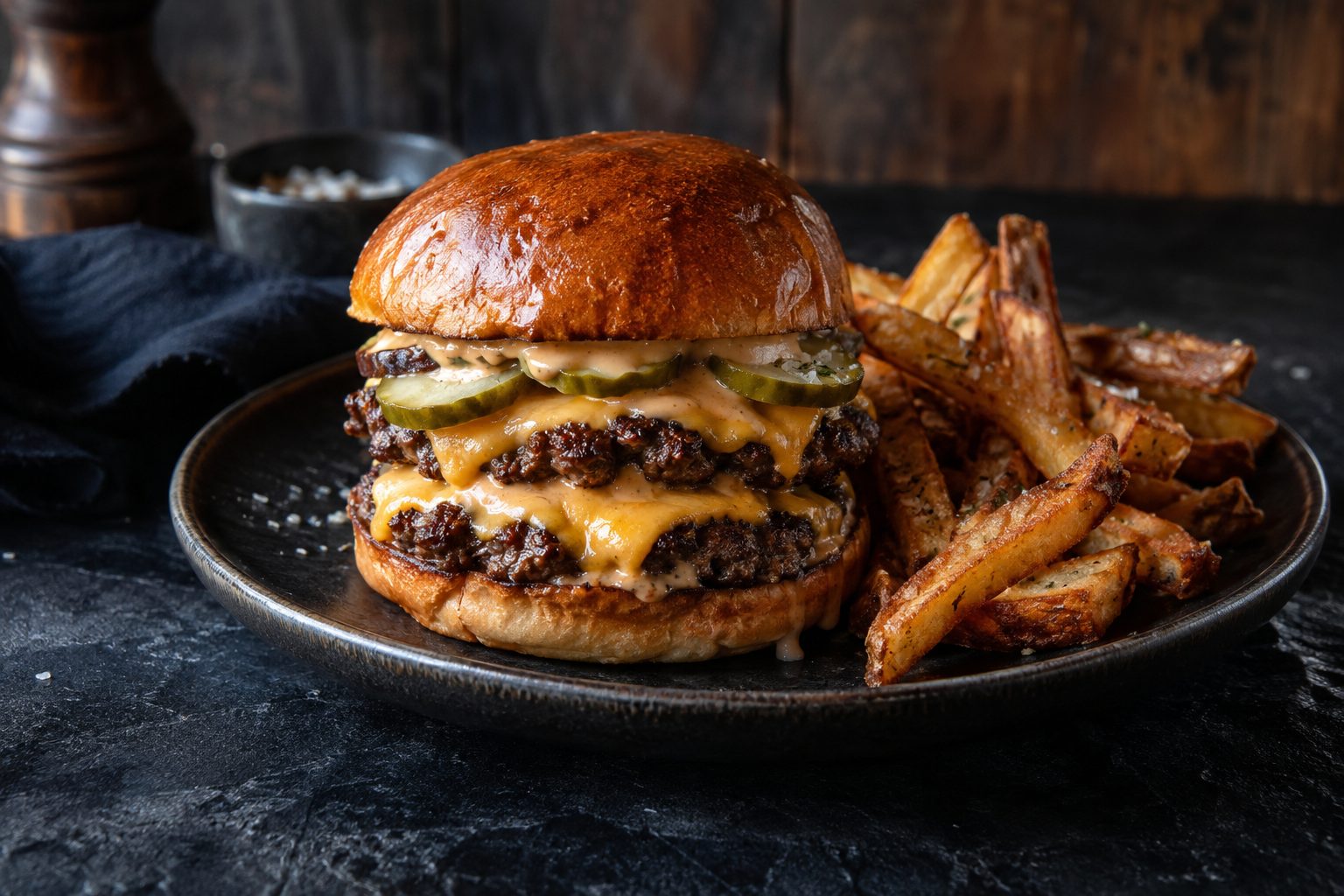 Double smash burger with cheddar, pickles and hand-cut fries
