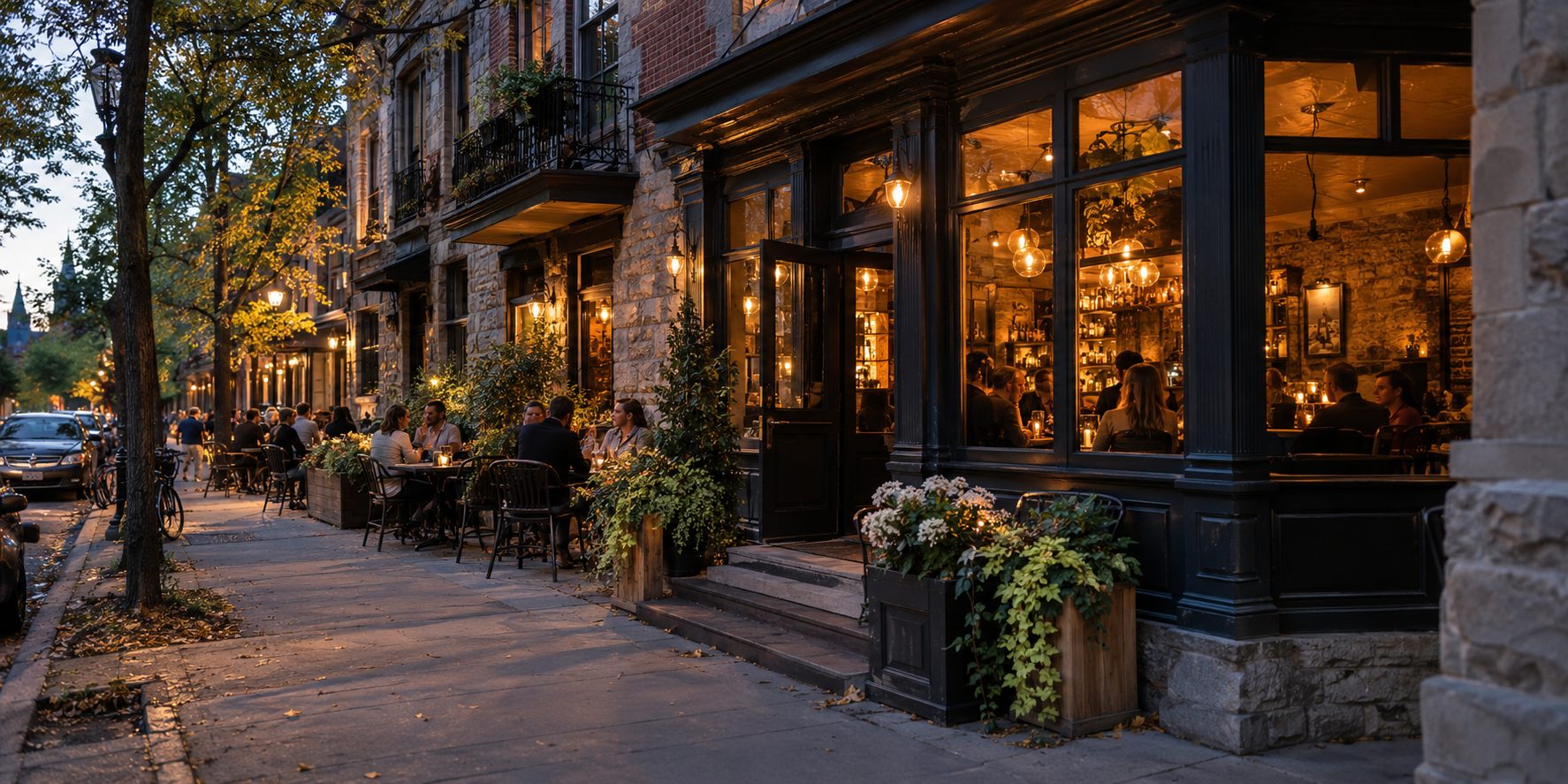 Welcoming Montreal-style pub exterior at dusk