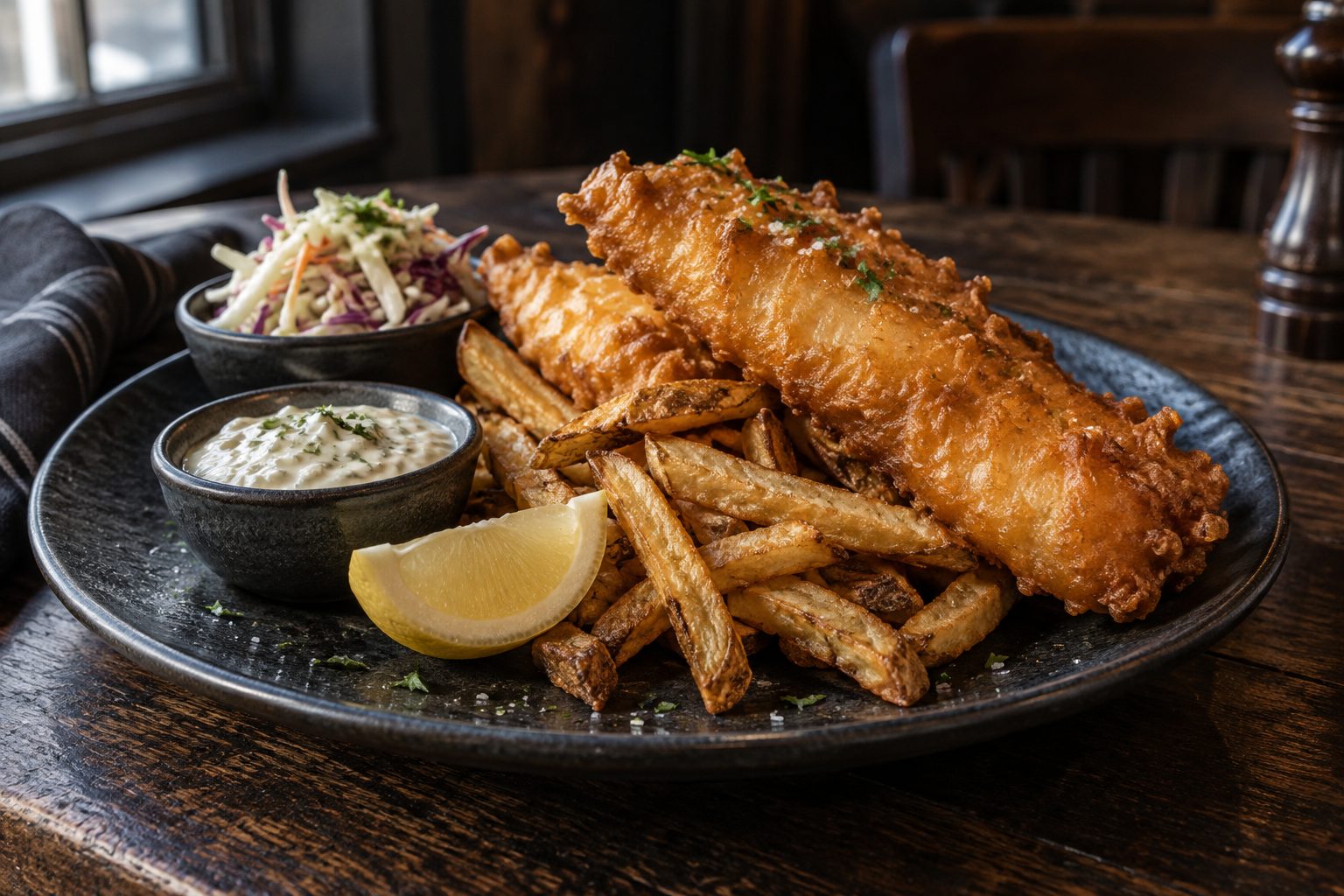 Beer-battered fish and chips with tartar sauce