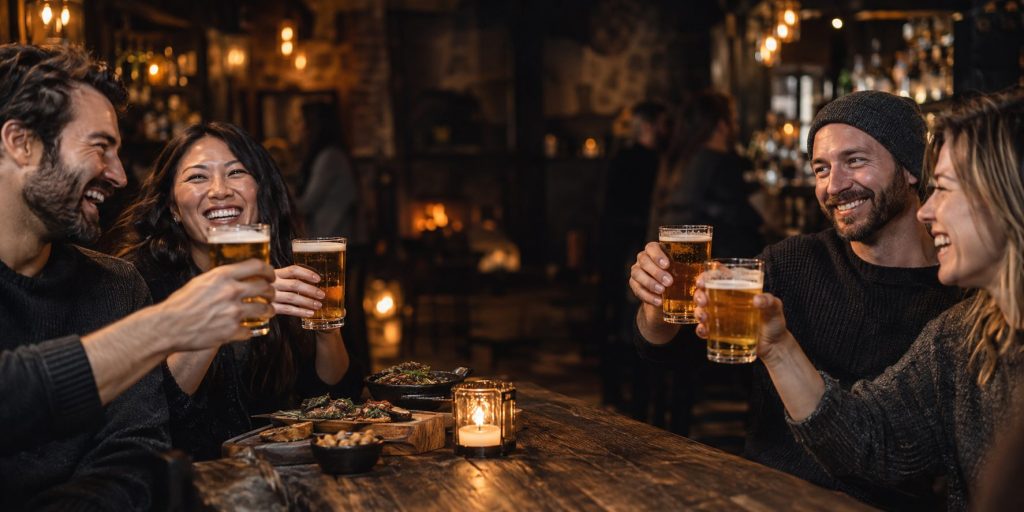 Friends laughing over drinks in a warmly lit pub
