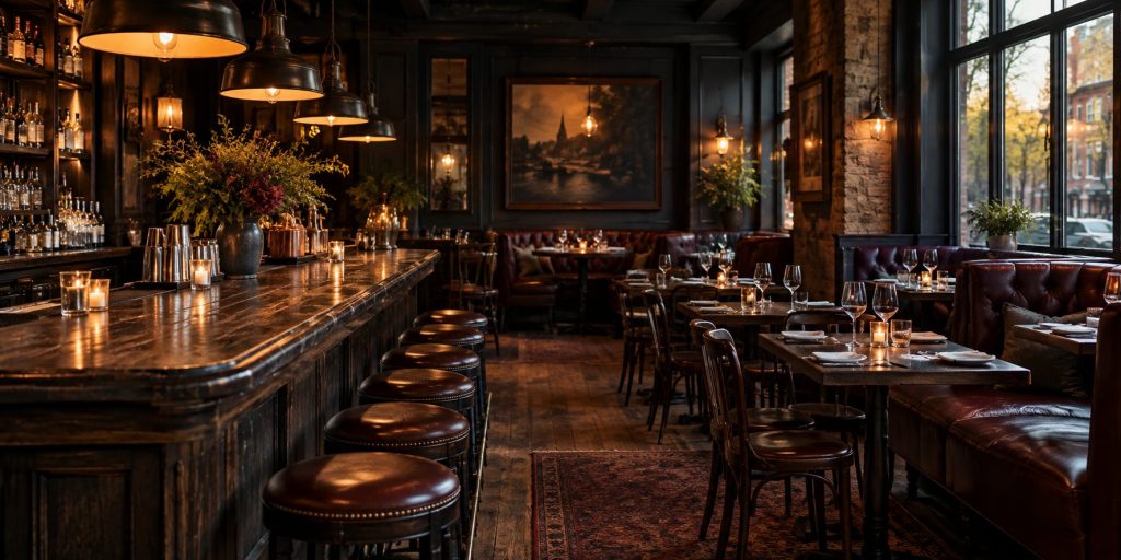 Warm rustic pub interior with wooden bar and leather booths