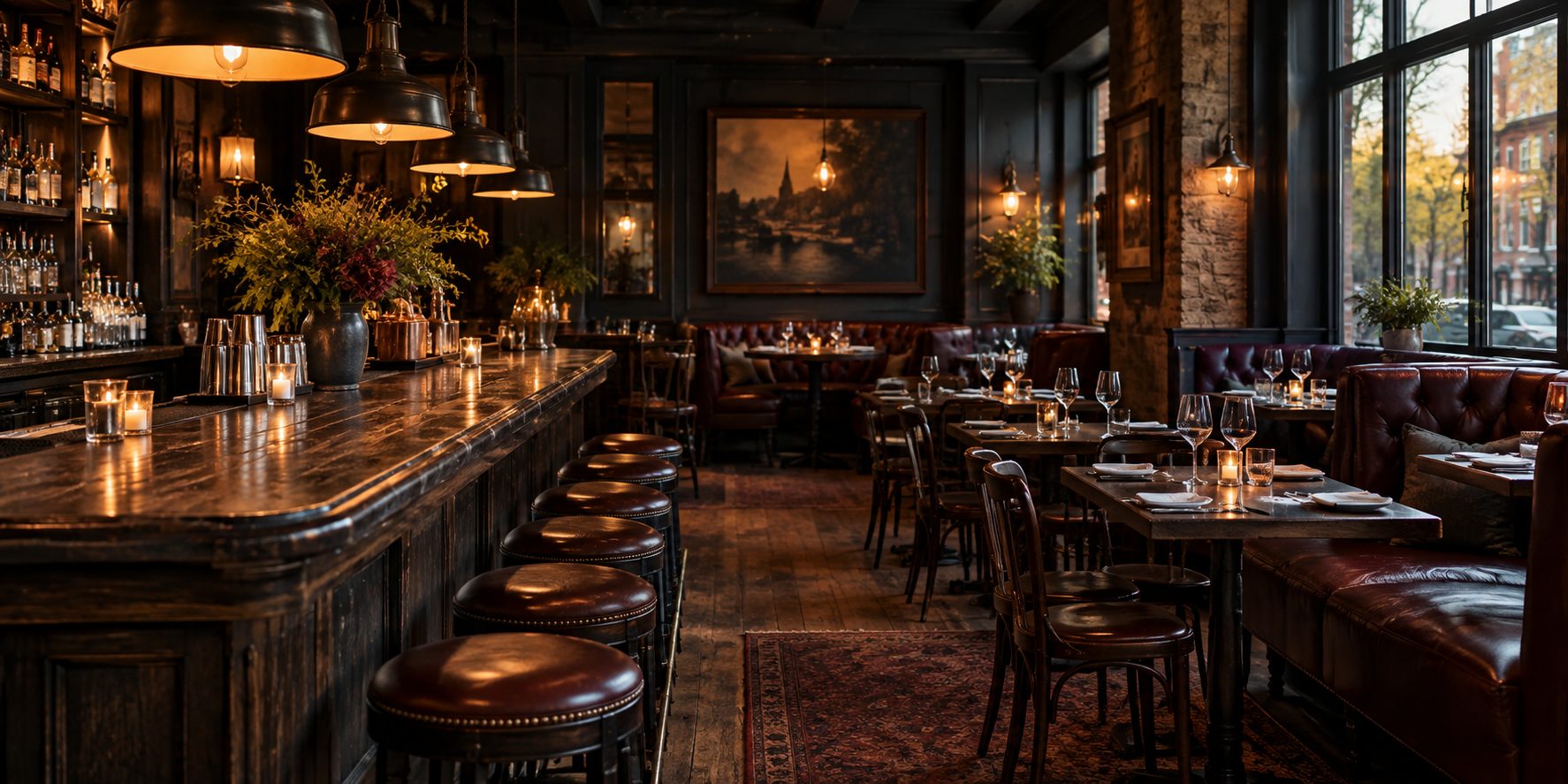 Warm rustic pub interior with wooden bar and leather booths