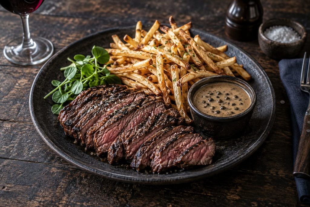 Grilled steak frites with peppercorn sauce