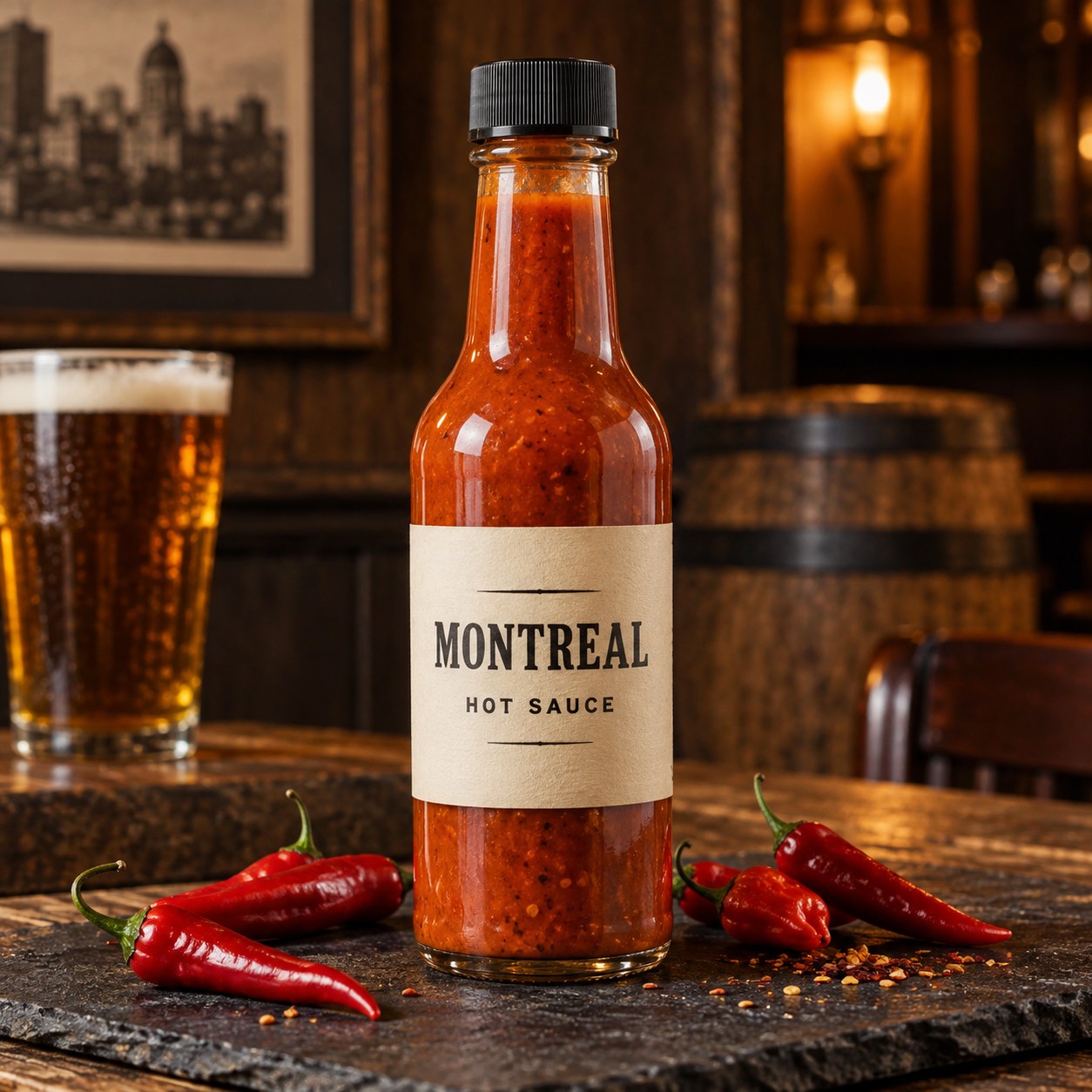 Montreal house hot sauce with fresh chili peppers