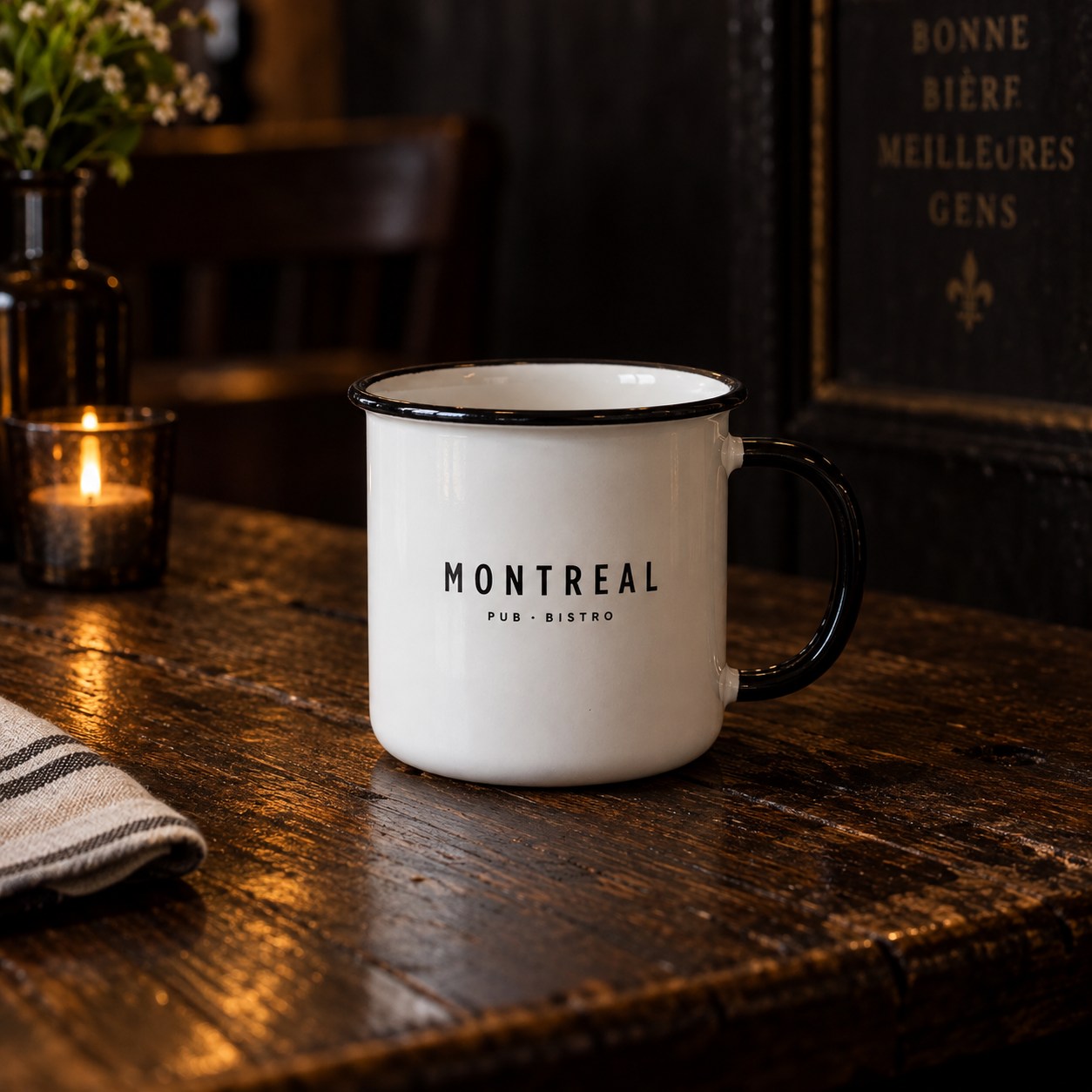 White Montreal enamel mug with a black rim