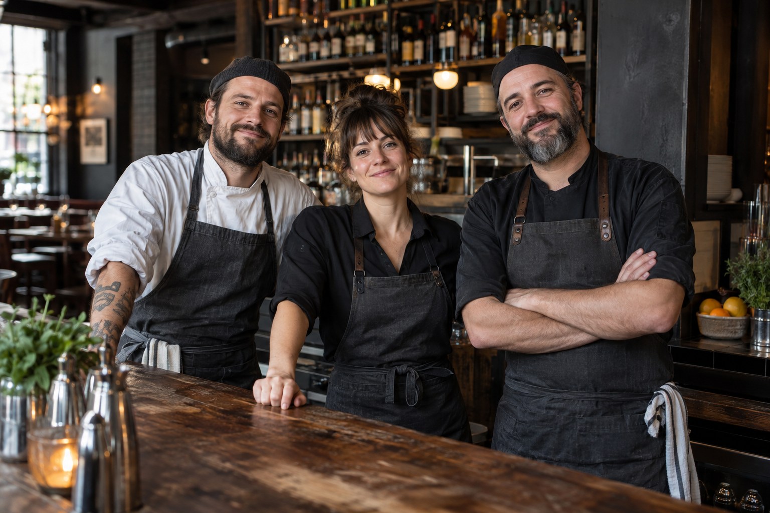 Friendly team behind a rustic pub bar
