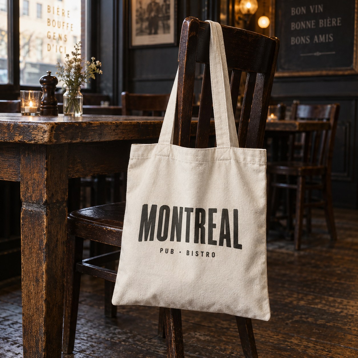 Montreal canvas tote hanging on a pub chair