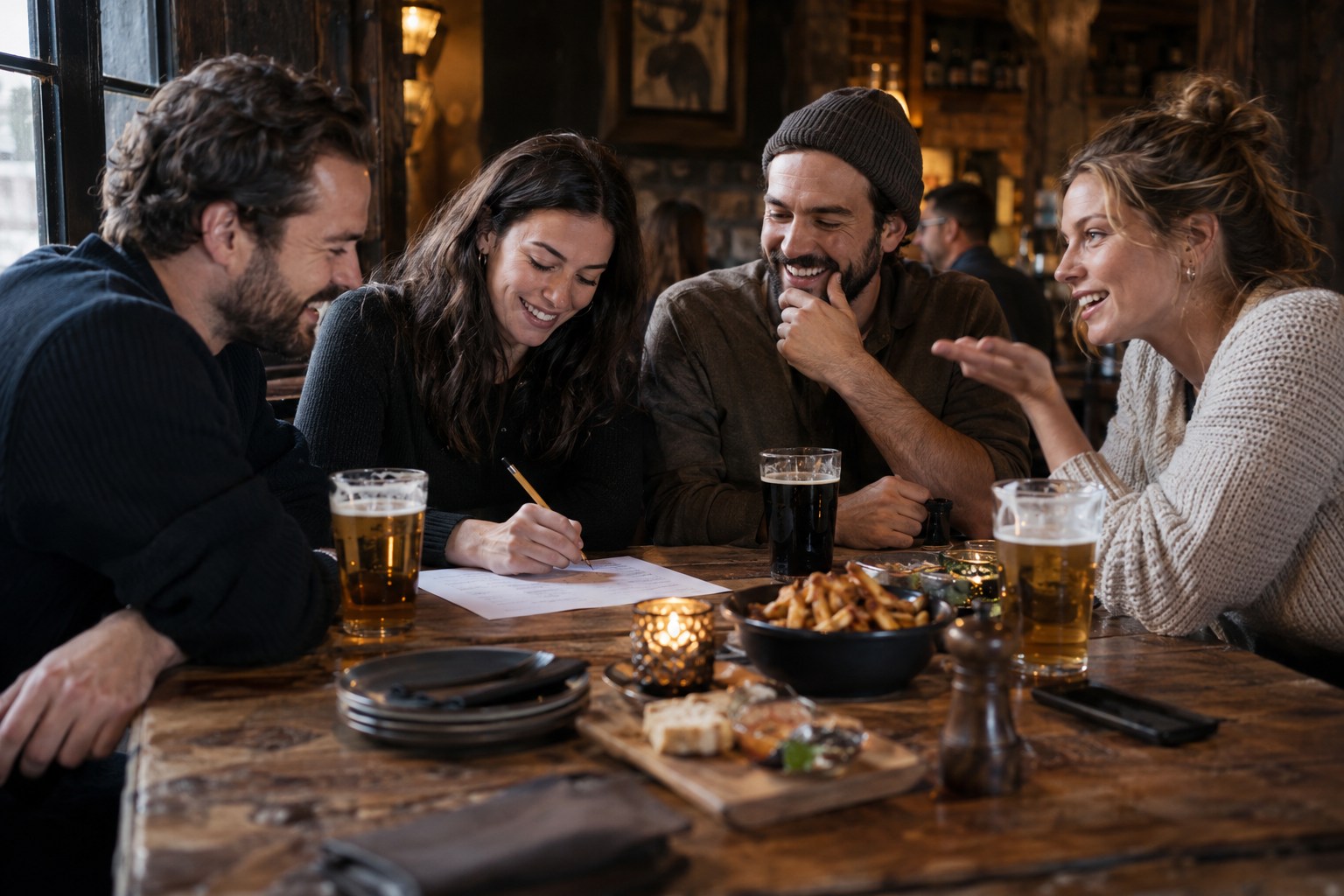 Friends enjoying pub trivia together