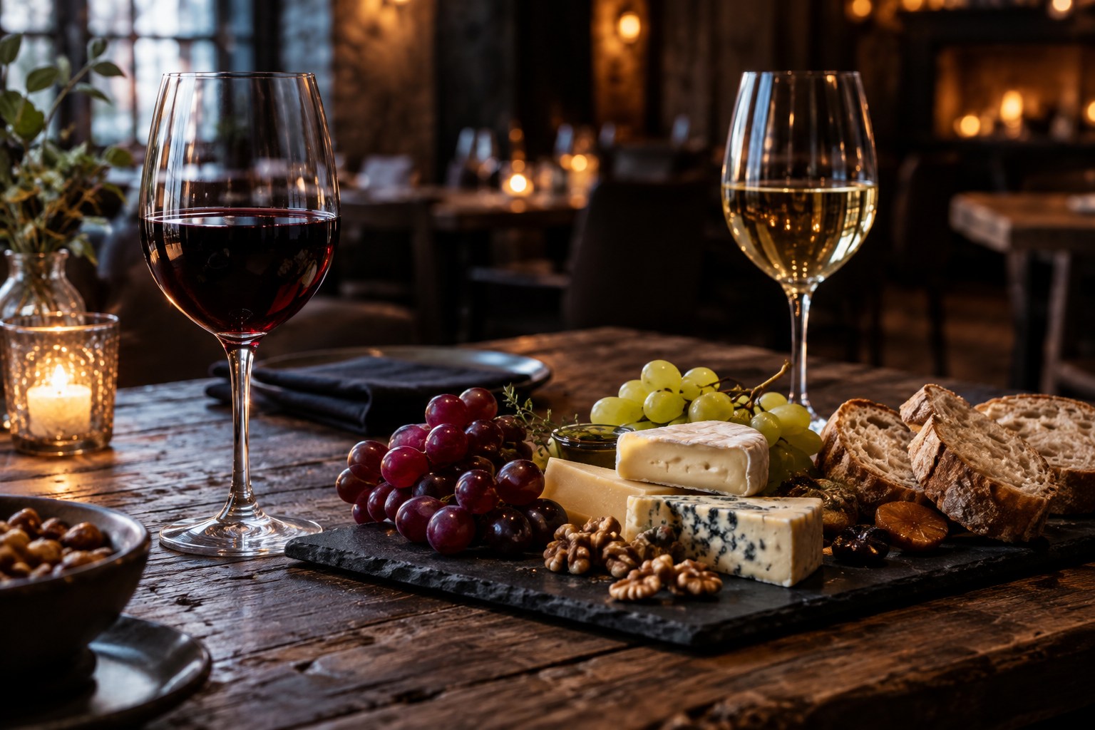 Wine glasses with an artisan cheese board